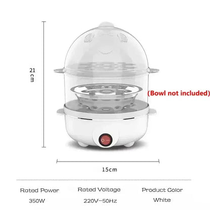 Image of a fast electric egg and veggie cooker with a double-layer design, showcasing dimensions and power specifications.