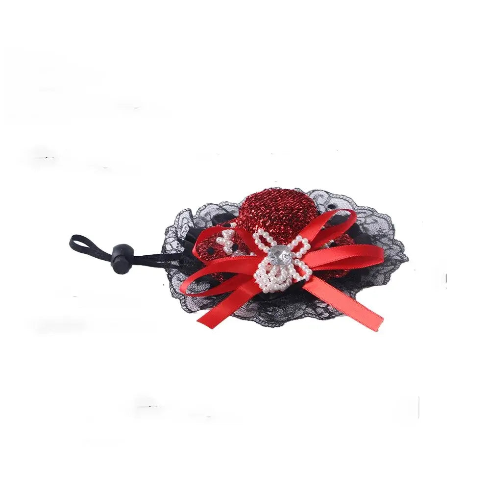 Pet Halloween Hat – Festive Shimmer + Adjustable Elastic Band For Cats And Small Pets, red sequin British-style lace cat hat with elastic band