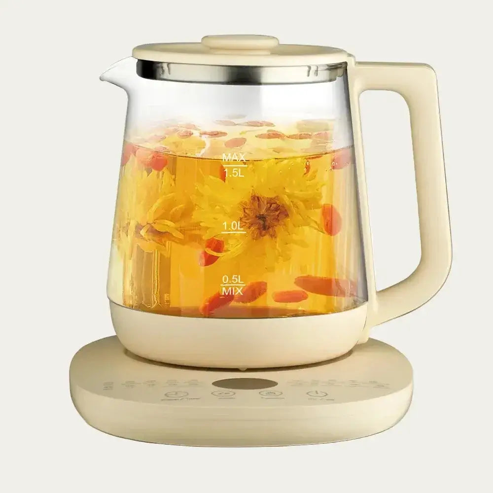 1.5L cordless electric glass kettle fast boil with transparent design, brewing tea and herbs on a stylish base.