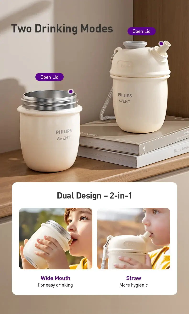 Avent Kids Vacuum Bottle For All-Day Temperature Control showcasing two drinking modes: wide mouth and straw.