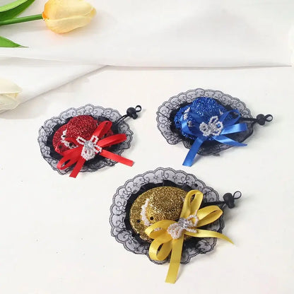 Pet Halloween Hat – Festive Shimmer + Adjustable Elastic Band For Cats And Small Pets, sequin lace mini hats in red blue gold with bows
