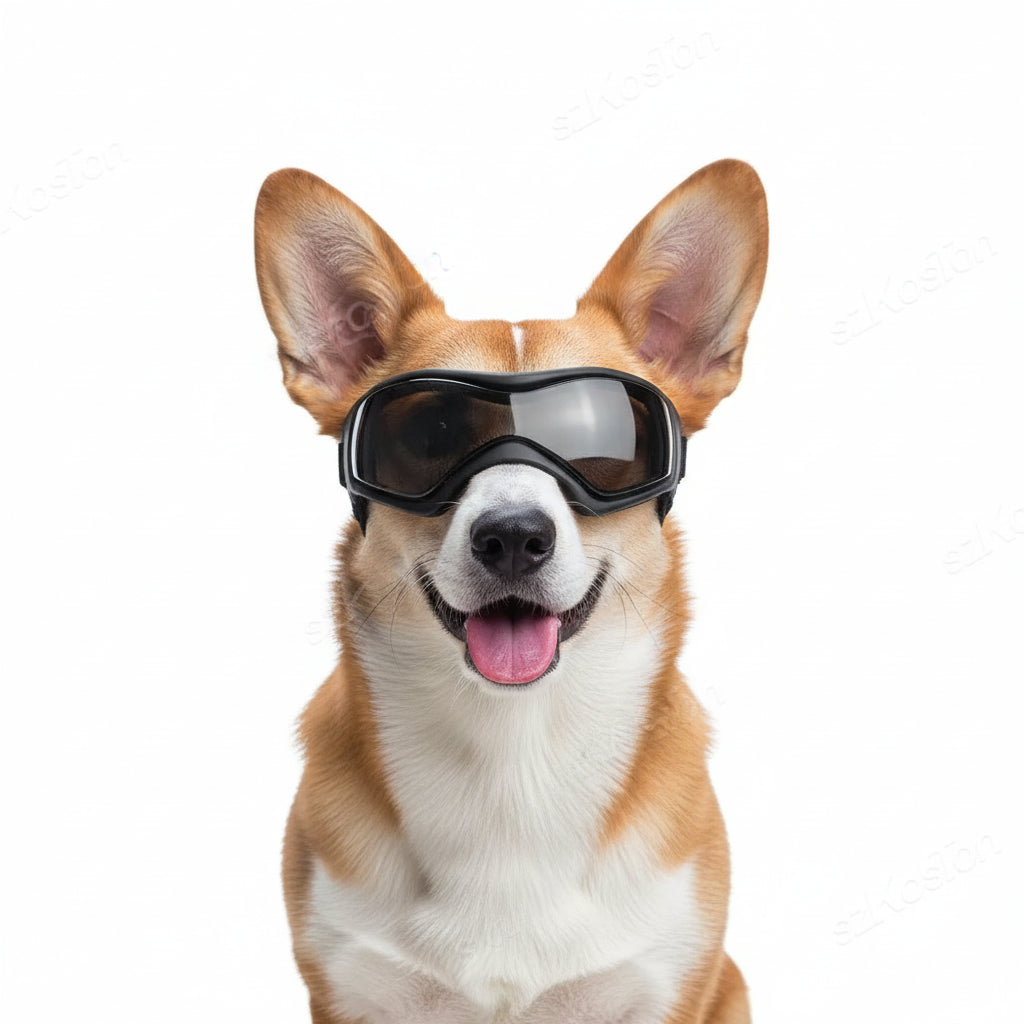 UV Protection Dog Adjustable Sunglasses For Outdoors on a happy dog with black goggles, showcasing pet eye protection.