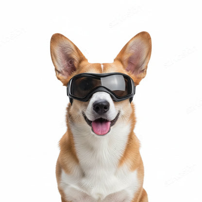 UV Protection Dog Adjustable Sunglasses For Outdoors on a happy dog with black goggles, showcasing pet eye protection.