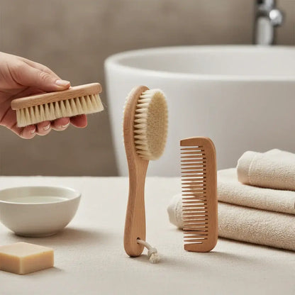Newborn Hair Brush – Gentle On Delicate Scalp + Soft Goat Bristles, Wooden Construction wooden baby brush and comb set on bathroom counter