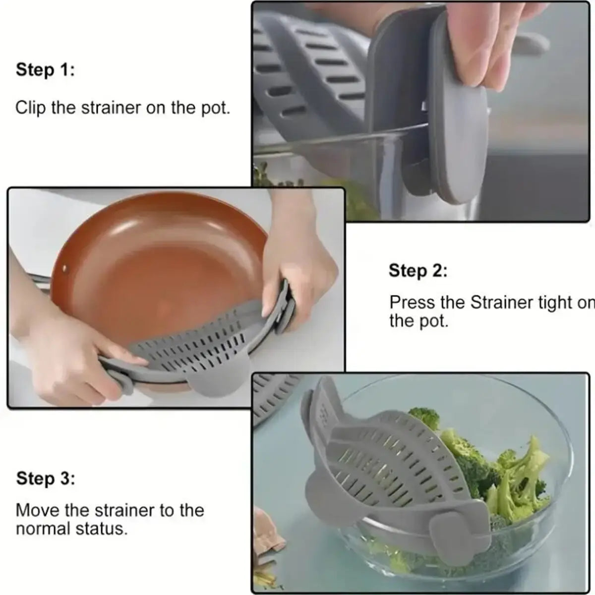 Pot Strainer – Mess-Free Draining + Clip-On Adjustable Stainless Steel clip-on stainless steel strainer shown clamped to pots and bowls for draining