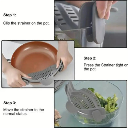 Pot Strainer – Mess-Free Draining + Clip-On Adjustable Stainless Steel clip-on stainless steel strainer shown clamped to pots and bowls for draining