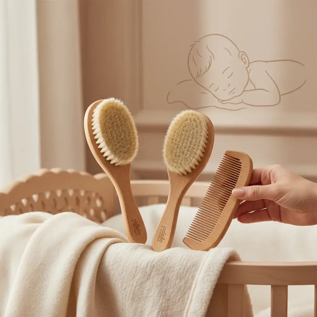 Newborn Hair Brush – Gentle On Delicate Scalp + Soft Goat Bristles, Wooden Construction – wooden baby brush and comb set on crib