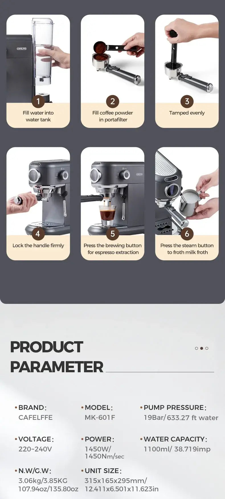 Espresso Machine – Cafe-Quality Drinks + 4-In-1 Capsule Pod NES ESE Ground Coffee showing steps for filling water, adding coffee, tamping, locking portafilter, brewing two cups, and product specs