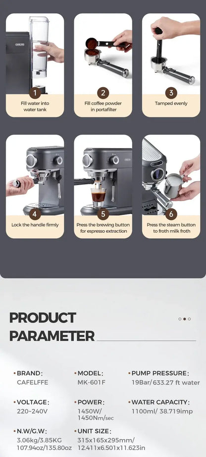 Espresso Machine – Cafe-Quality Drinks + 4-In-1 Capsule Pod NES ESE Ground Coffee showing steps for filling water, adding coffee, tamping, locking portafilter, brewing two cups, and product specs