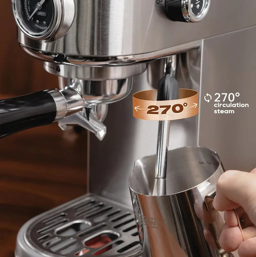 Semi Automatic Espresso Machine – Temperature Adjustable + 20 Bar Extraction stainless steel portafilter and 270° steam wand steaming milk