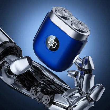 Rechargeable beard shaver showing a sleek rotary design in a futuristic robotic hand.