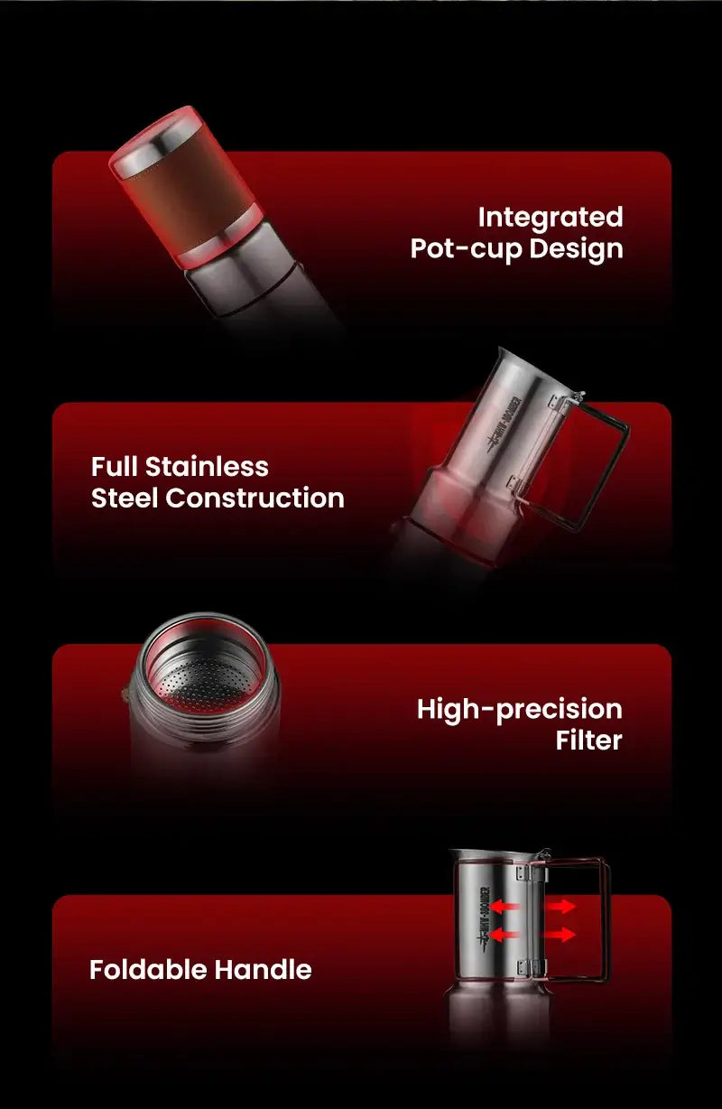 Stainless Steel Moka Pot – Rich Coffee + Foldable Handle compact 350ml camping moka pot with integrated pot-cup, high-precision filter and foldable handle