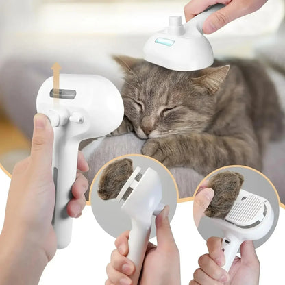 multifunctional pet grooming tool featuring steam spray and hair removal, used on a cat for easy grooming.
