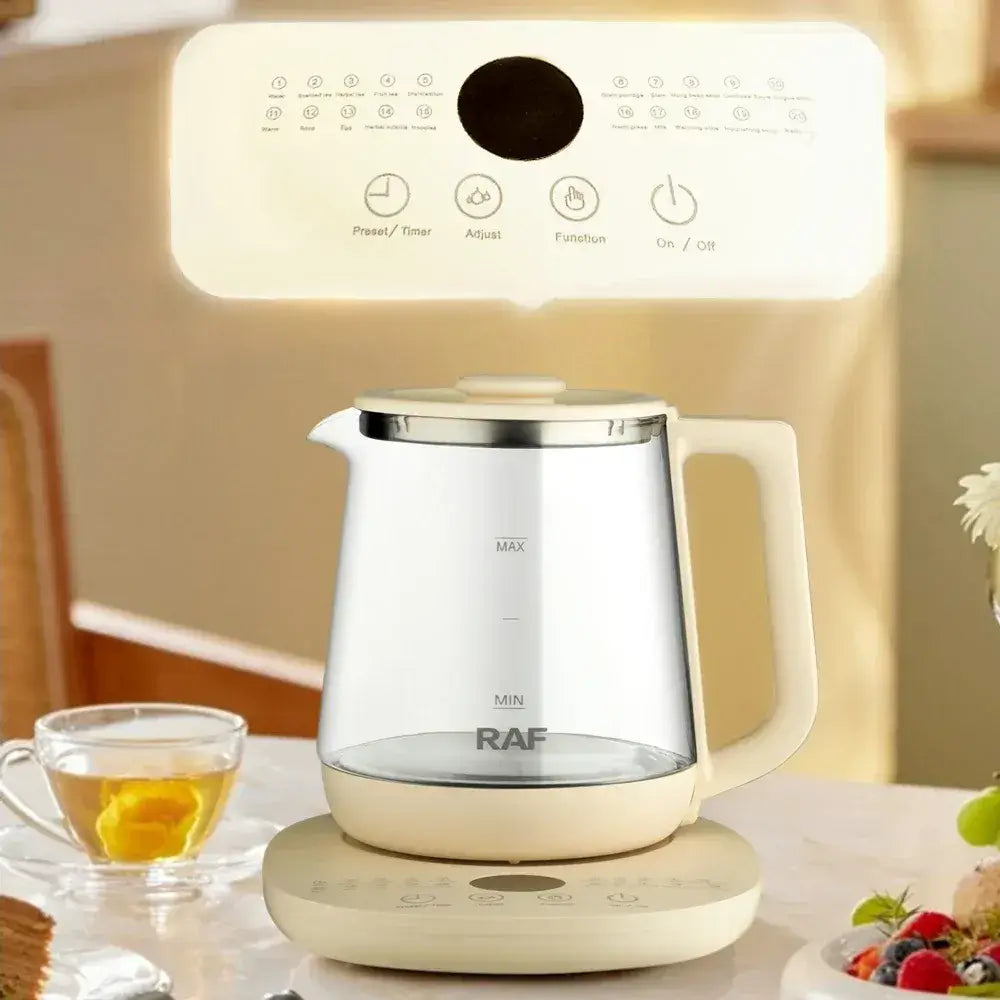 1.5L cordless electric glass kettle fast boil with touchscreen control panel and glass body, ideal for quick hot drinks.