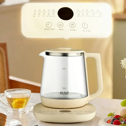 1.5L cordless electric glass kettle fast boil with touchscreen control panel and glass body, ideal for quick hot drinks.