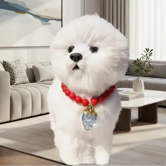Pet Collar With Pearl Necklace - Pet-Safe Comfort + Lightweight Resin Design For Everyday Wear on small white dog with red beads and strawberry pendant