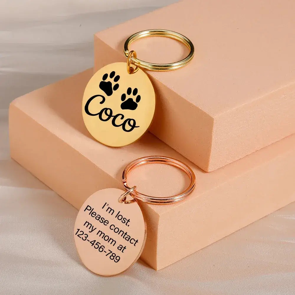 Dog Tag – Permanent Engraving For Legibility + Stainless Steel Quick Release Attachment, round engraved pet tag with paw print and contact number