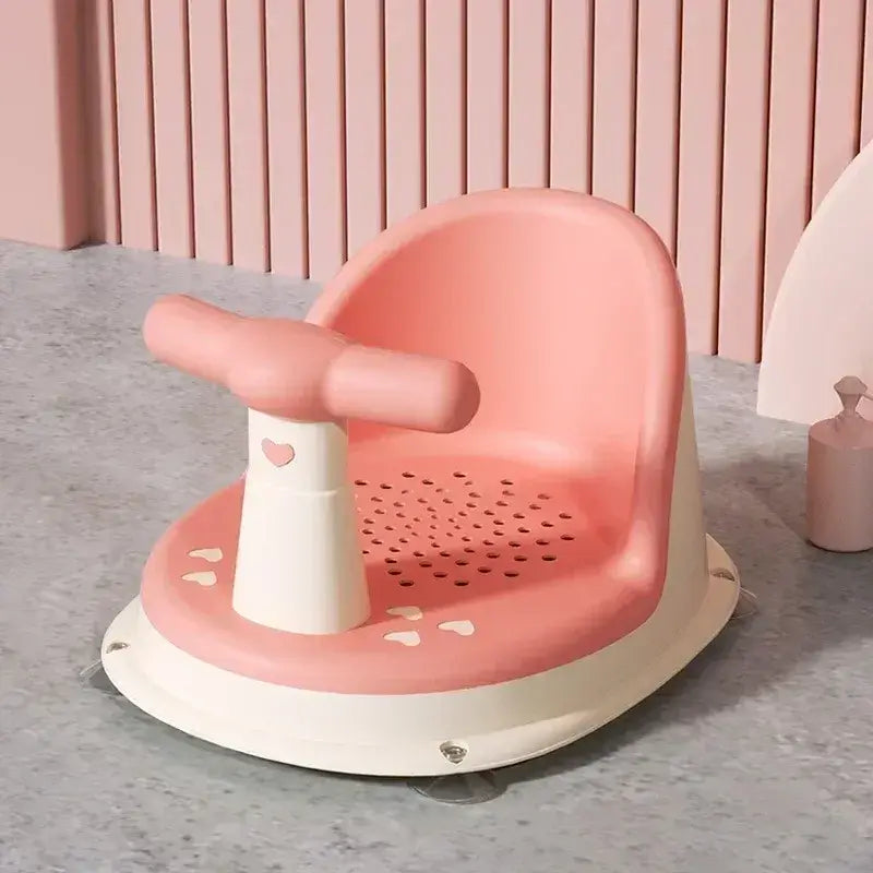 Anti-Slip Baby Bath Seat With Suction Cup Base and Detachable Armrests in pink and white design