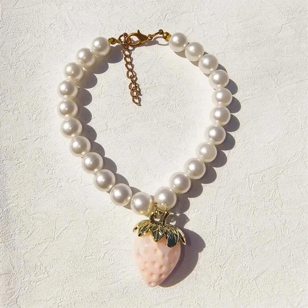 Pet Collar With Pearl Necklace - Pet-Safe Comfort + Lightweight Resin Design For Everyday Wear, pearl beads with strawberry pendant on white background