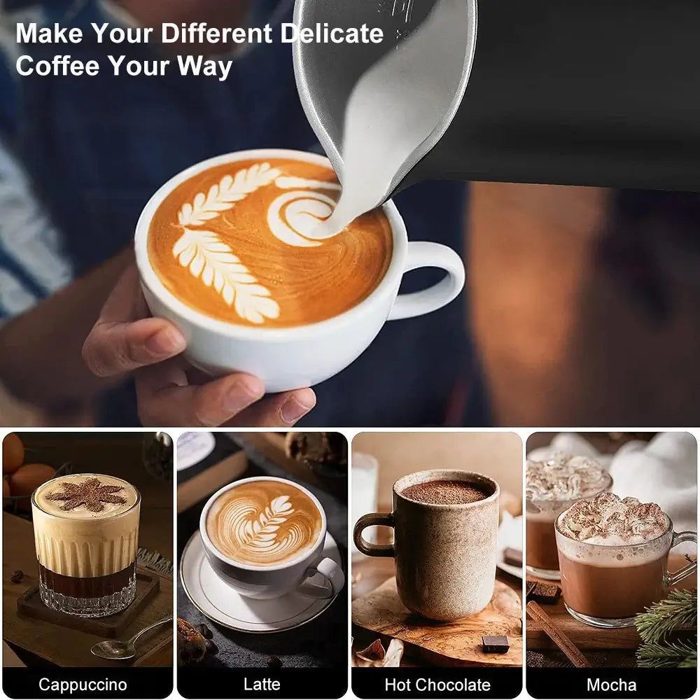 Milk Frother - Café-Quality Foam In Seconds + 4-In-1 pouring silky latte art into cup, hot and cold foam for cappuccino, latte, mocha