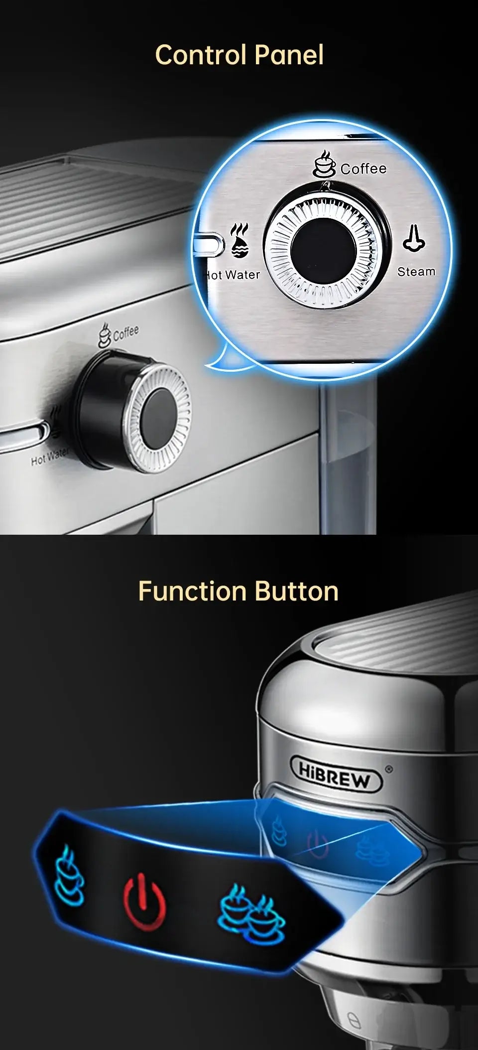 Espresso Machine – Cafe-Quality Espresso With Dense Crema And Rich Body + ESE Pod Compatible - HiBREW 20-bar stainless steel control panel and function button