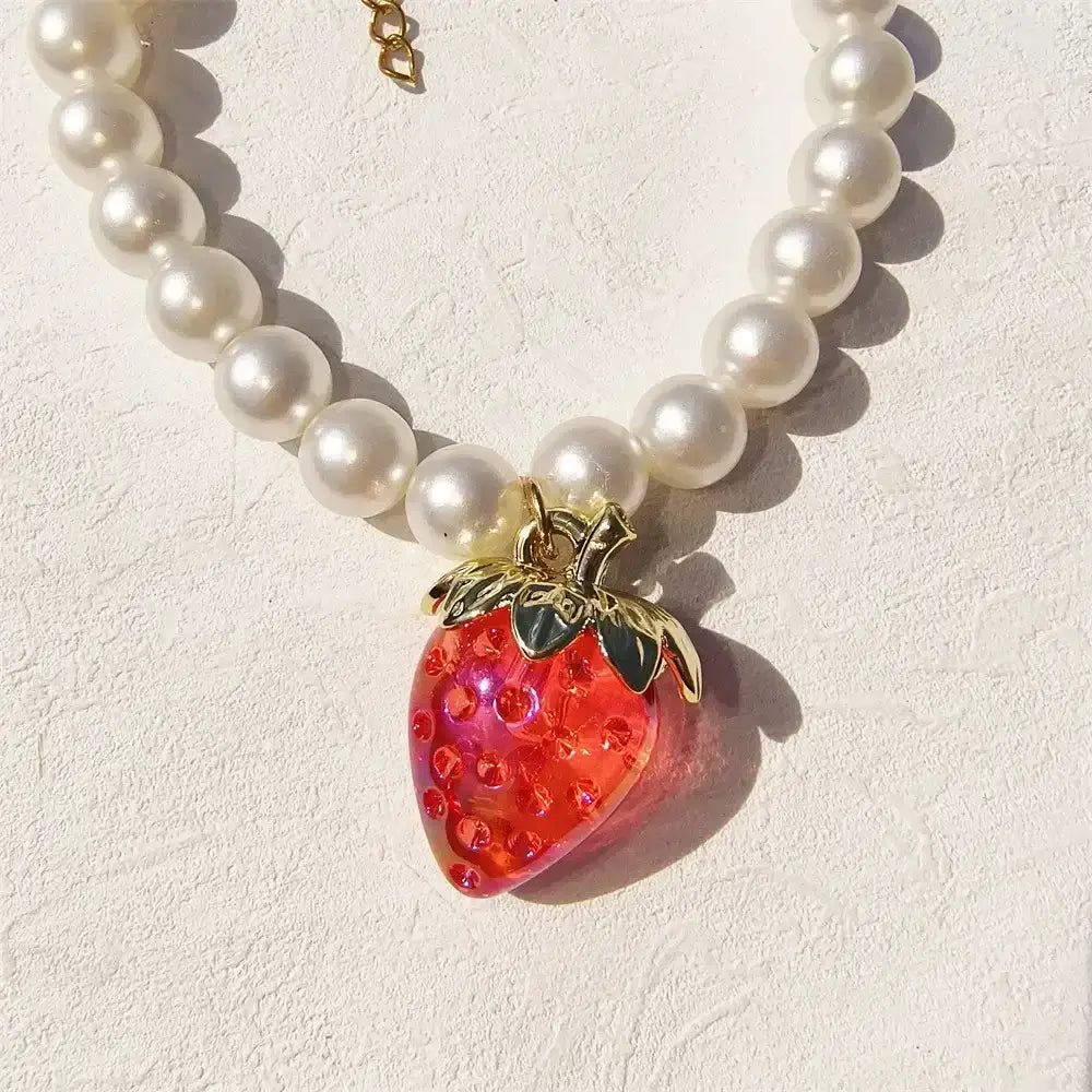Pet Collar With Pearl Necklace - Pet-Safe Comfort + Lightweight Resin Design For Everyday Wear featuring pearl beads and strawberry pendant on lightweight resin collar