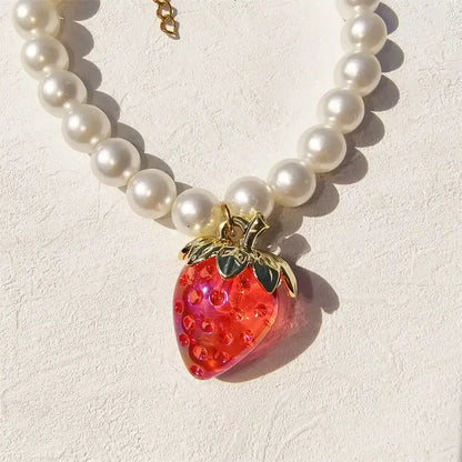 Pet Collar With Pearl Necklace - Pet-Safe Comfort + Lightweight Resin Design For Everyday Wear featuring pearl beads and strawberry pendant on lightweight resin collar