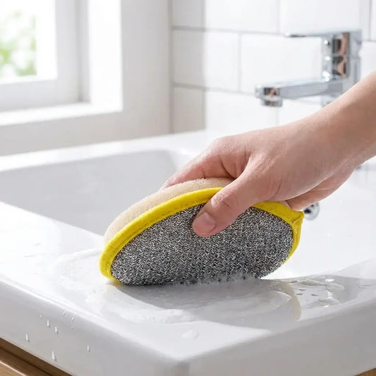 Sponge Scourers – Mess-Free Everyday Cleaning + Dual-Sided Design: hand holding yellow dual-sided non-scratch sponge scourer cleaning sink