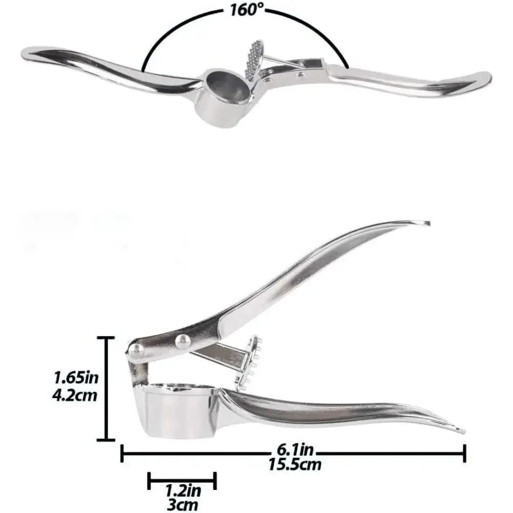 Garlic Press – Silky Mince For Effortless Prep + Heavy-Duty Zinc Alloy Construction compact stainless steel garlic crusher with dimensions shown