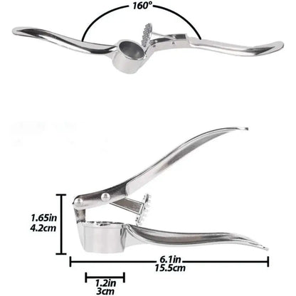 Garlic Press – Silky Mince For Effortless Prep + Heavy-Duty Zinc Alloy Construction compact stainless steel garlic crusher with dimensions shown