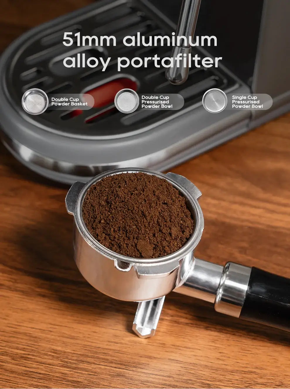 Semi Automatic Espresso Machine – Temperature Adjustable + 20 Bar Extraction 51mm portafilter with fresh ground coffee in stainless steel housing