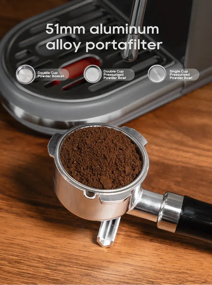 Semi Automatic Espresso Machine – Temperature Adjustable + 20 Bar Extraction 51mm portafilter with fresh ground coffee in stainless steel housing