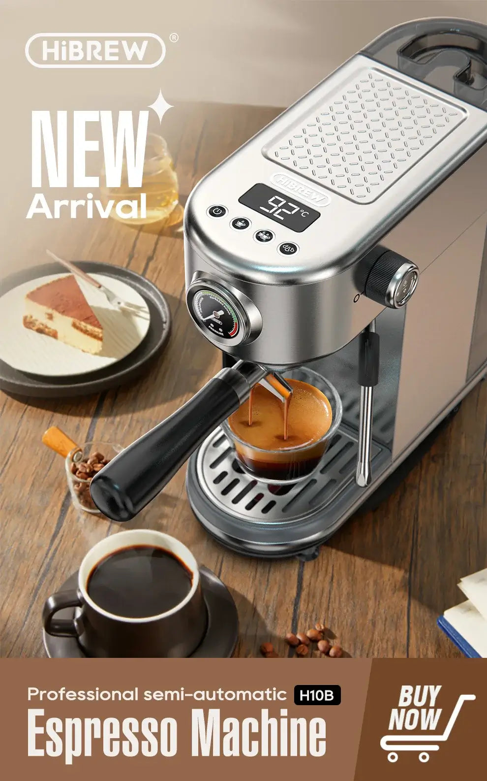 Espresso Machine – Cafe-Quality Espresso With Dense Crema And Rich Body + ESE Pod Compatible compact HiBREW 20-bar stainless steel semi‑automatic