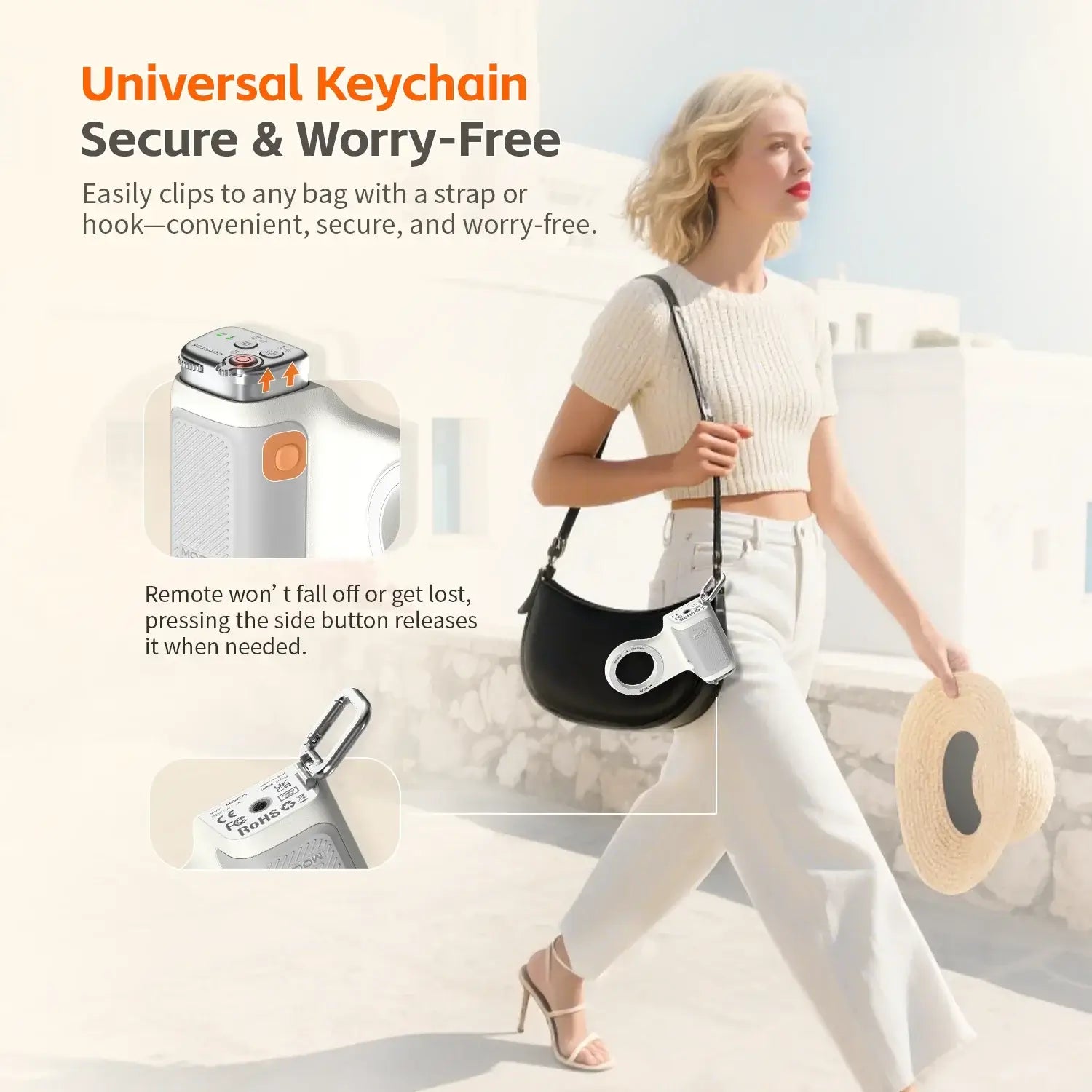 Magnetic Phone Grip With Remote Control and Handle Stabilizer shown clipped as a universal keychain on a woman’s bag for easy one-handed shooting