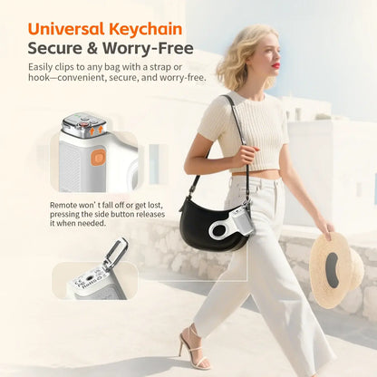 Magnetic Phone Grip With Remote Control and Handle Stabilizer shown clipped as a universal keychain on a woman’s bag for easy one-handed shooting
