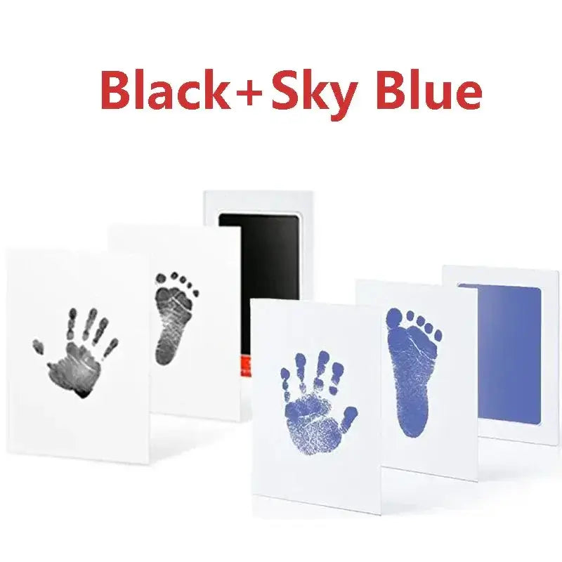 Baby Inkless Handprint Kit for Keepsakes – Mess-Free Prints + No-Touch Inkless Printing showing black and sky blue hand and footprint keepsakes