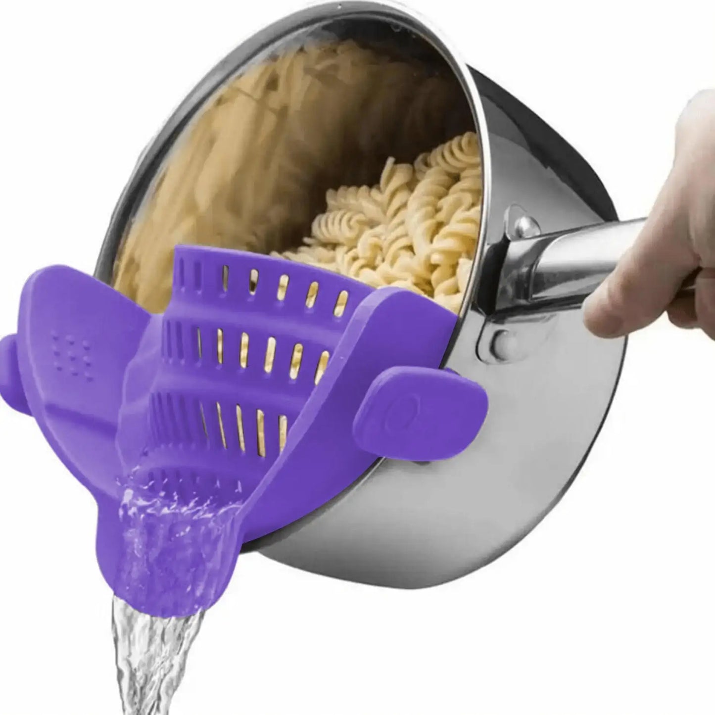 Pot Strainer – Mess-Free Draining + Clip-On Adjustable Stainless Steel purple clip-on strainer draining pasta from saucepan