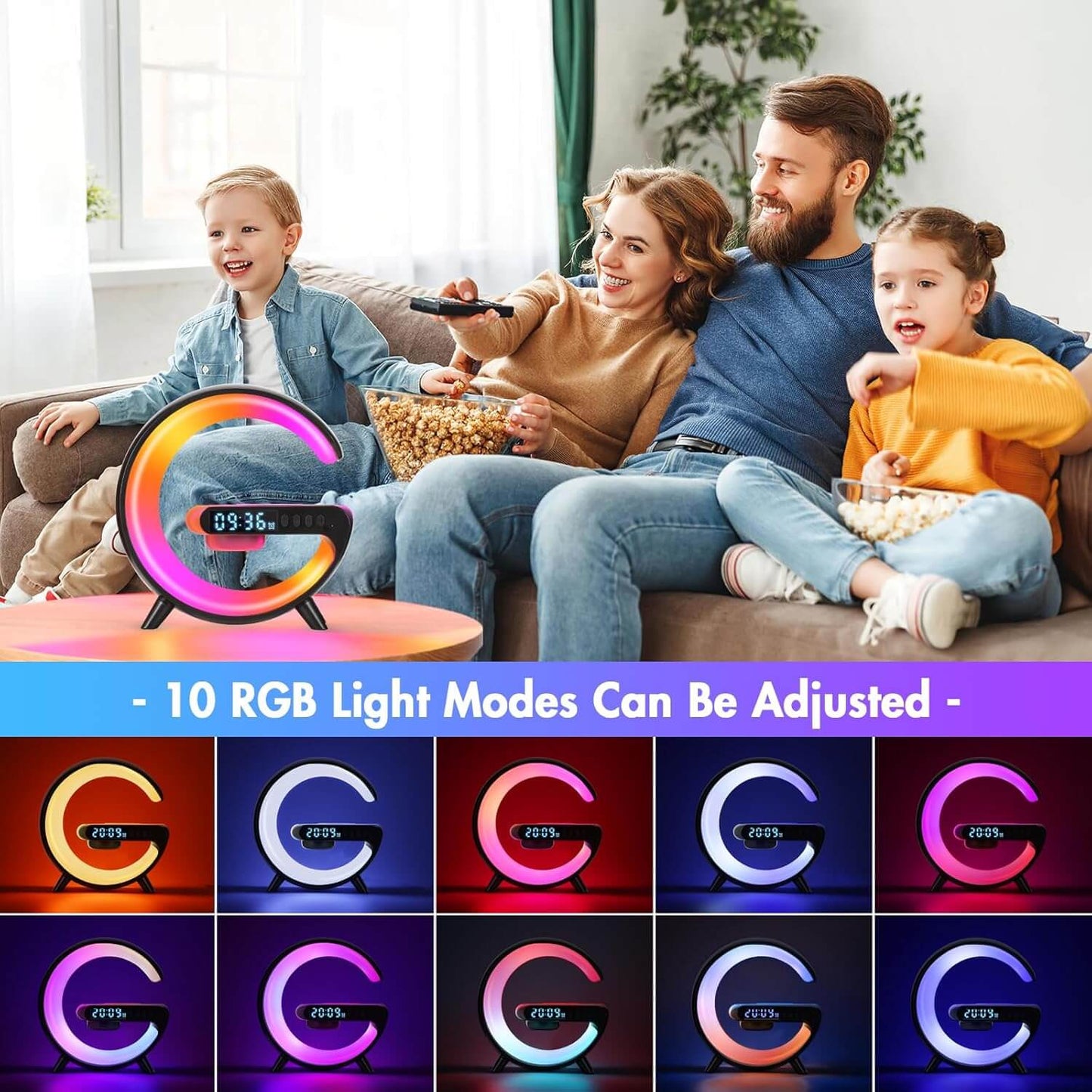Mini G LED Cord-Free Desk Lamp with Wireless Charging and Speakers, featuring 10 adjustable RGB light modes.
