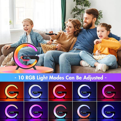 Mini G LED Cord-Free Desk Lamp with Wireless Charging and Speakers, featuring 10 adjustable RGB light modes.