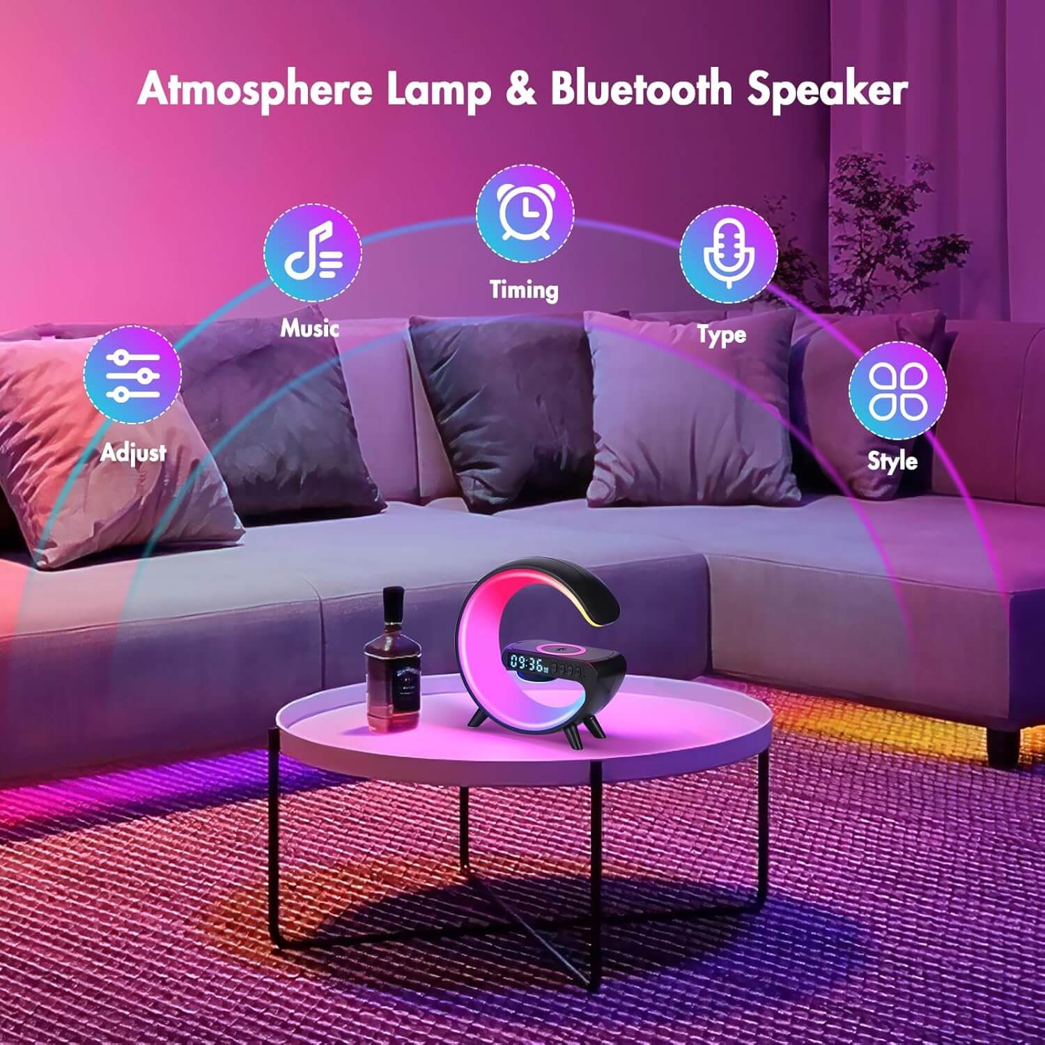 Mini G LED Cord-Free Desk Lamp with Wireless Charging and Speakers in a modern living room setting.