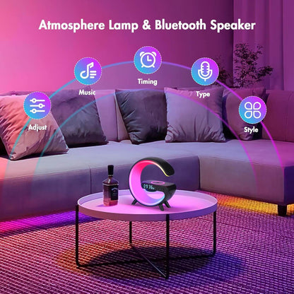 Mini G LED Cord-Free Desk Lamp with Wireless Charging and Speakers in a modern living room setting.