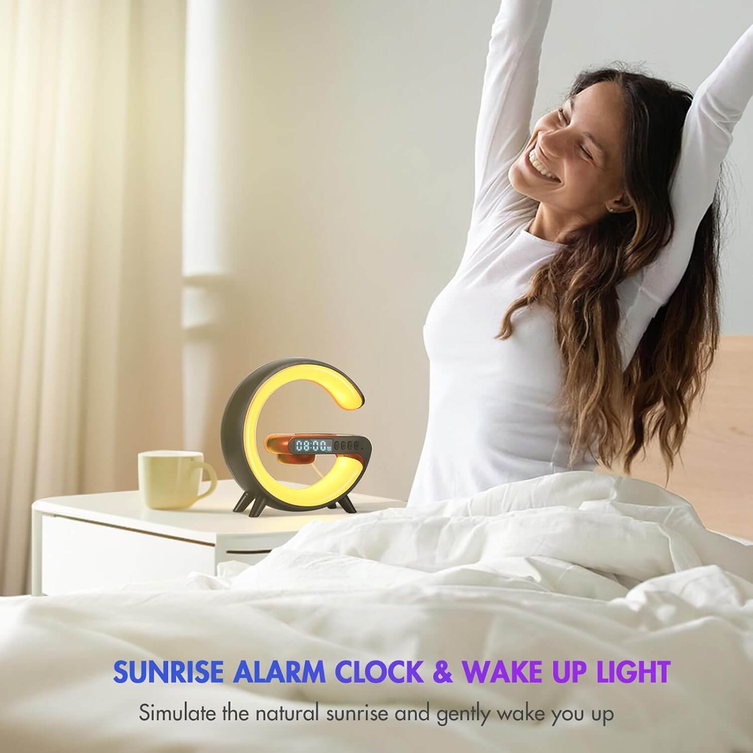 Mini G LED Cord-Free Desk Lamp with Wireless Charging and Speakers on bedside table next to woman waking up