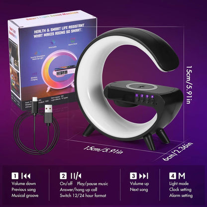 Mini G LED Cord-Free Desk Lamp with Wireless Charging and Speakers showing wireless charging and Bluetooth features.