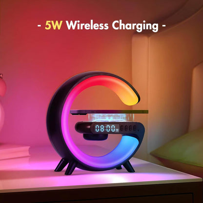 Mini G LED Cord-Free Desk Lamp with Wireless Charging and Speakers displaying 5W wireless charging in vibrant colors.