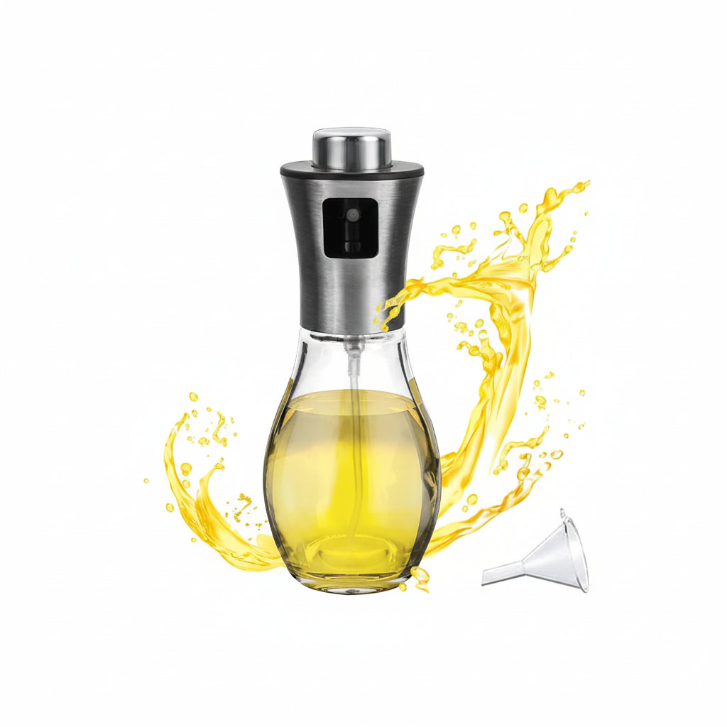Glass oil bottle with metal cap and olive oil splashes on a white background
