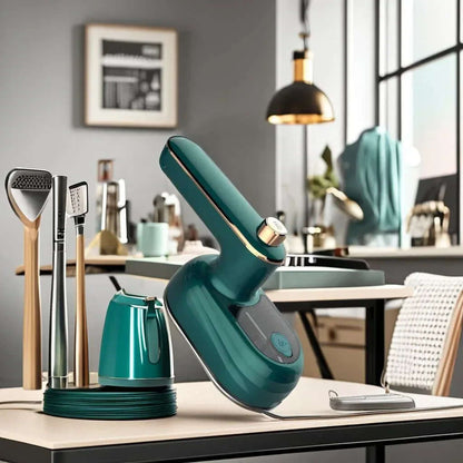 Garment Steamer – Wrinkle-Free Refresh On The Go + Foldable 180 Degree Rotating Head For Travel compact teal travel steamer on kitchen table