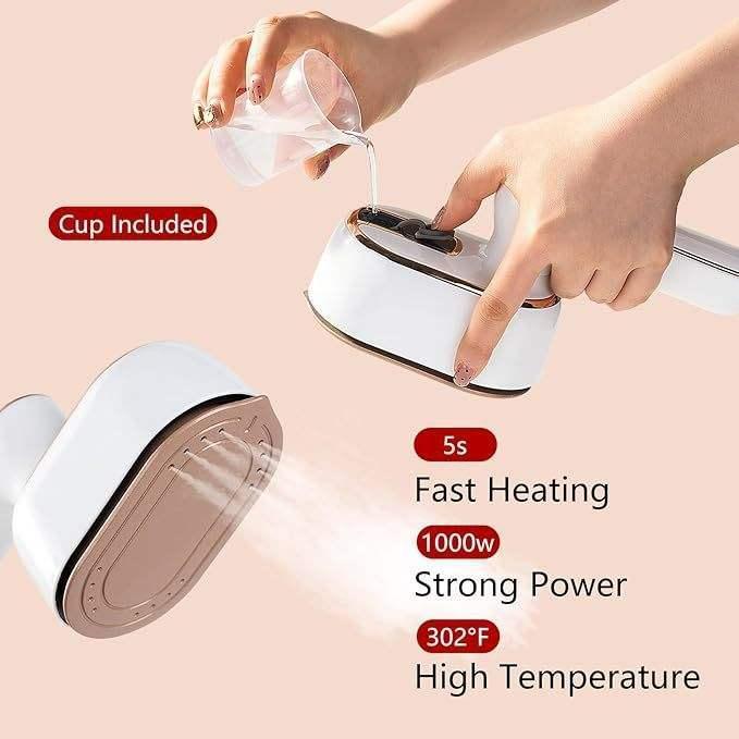 Garment Steamer – Wrinkle-Free Refresh On The Go + Foldable 180 Degree Rotating Head For Travel compact handheld steamer being filled with water, cup included