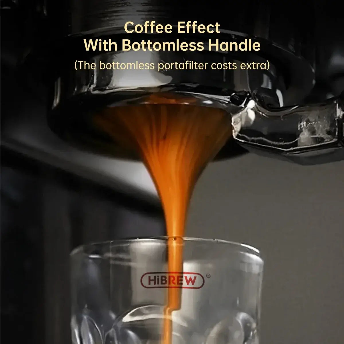 Espresso Machine – Cafe-Quality Espresso With Dense Crema And Rich Body + ESE Pod Compatible pouring espresso from bottomless portafilter into HiBREW glass