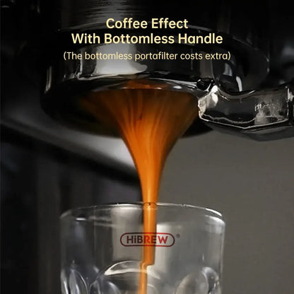Espresso Machine – Cafe-Quality Espresso With Dense Crema And Rich Body + ESE Pod Compatible pouring espresso from bottomless portafilter into HiBREW glass