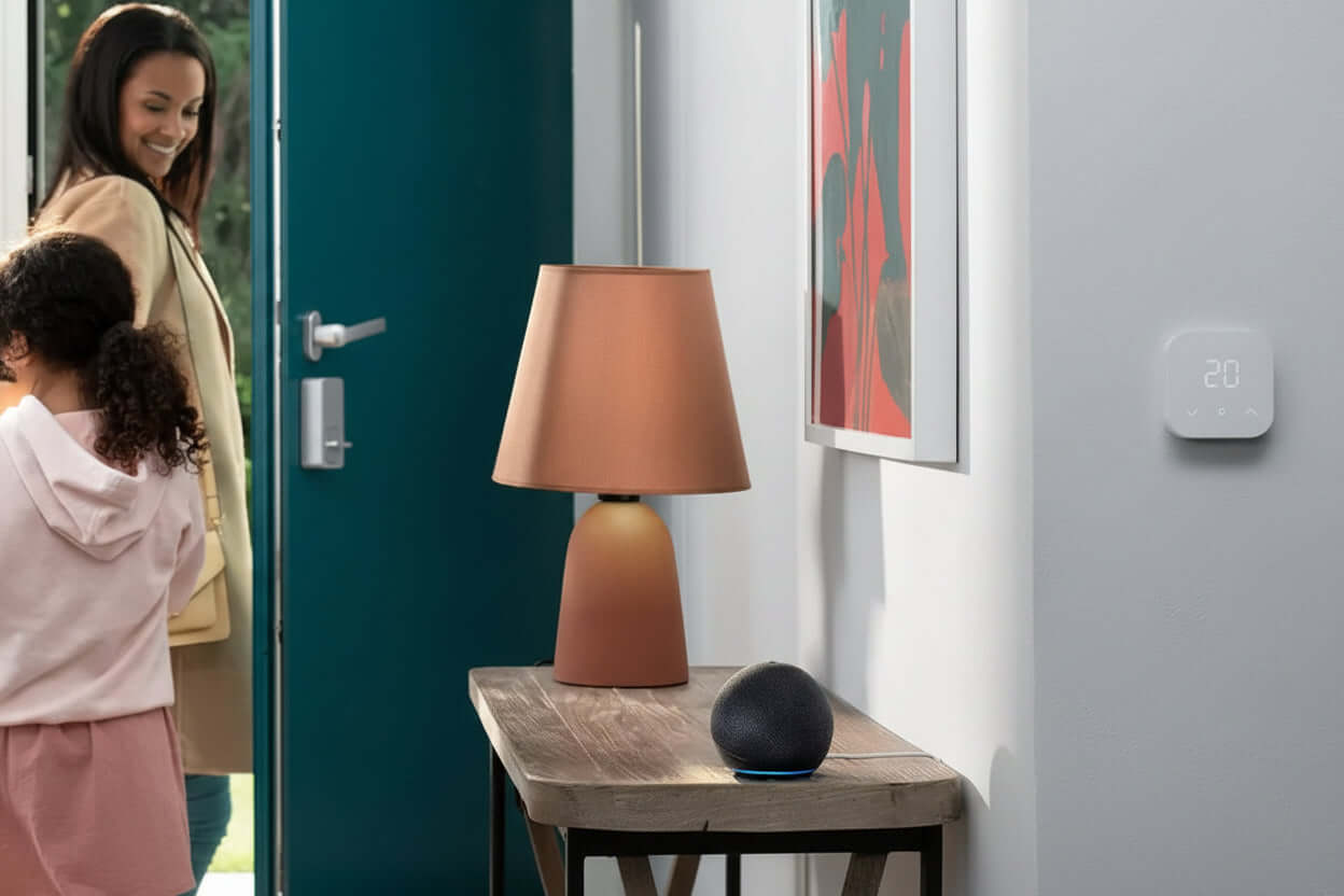 Echo Dot 5th Gen smart speaker on a table in a modern home entrance with a lamp and a welcoming atmosphere.